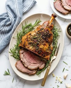 Gigot d’agneau au Airfryer doré à l’ail et au romarin, tranché et juteux, prêt à servir