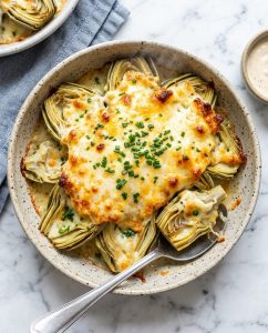 Gratin d’artichauts au Airfryer bien doré, croûte gratinée et cœurs fondants dans un petit plat individuel