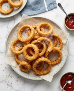 Onion rings airfryer croustillants et dorés, servis en apéritif avec une sauce, sans bain d’huile