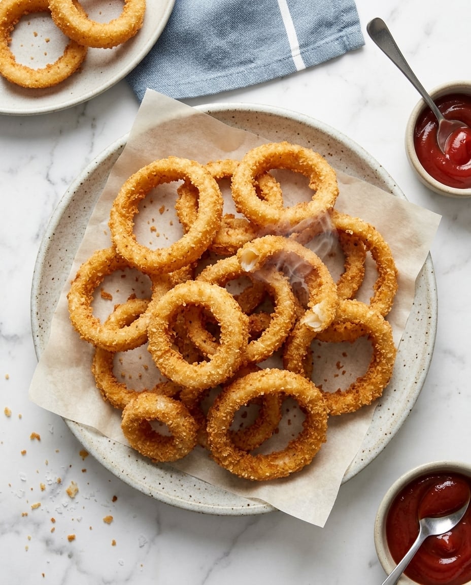 Onion rings airfryer croustillants et dorés, servis en apéritif avec une sauce, sans bain d’huile