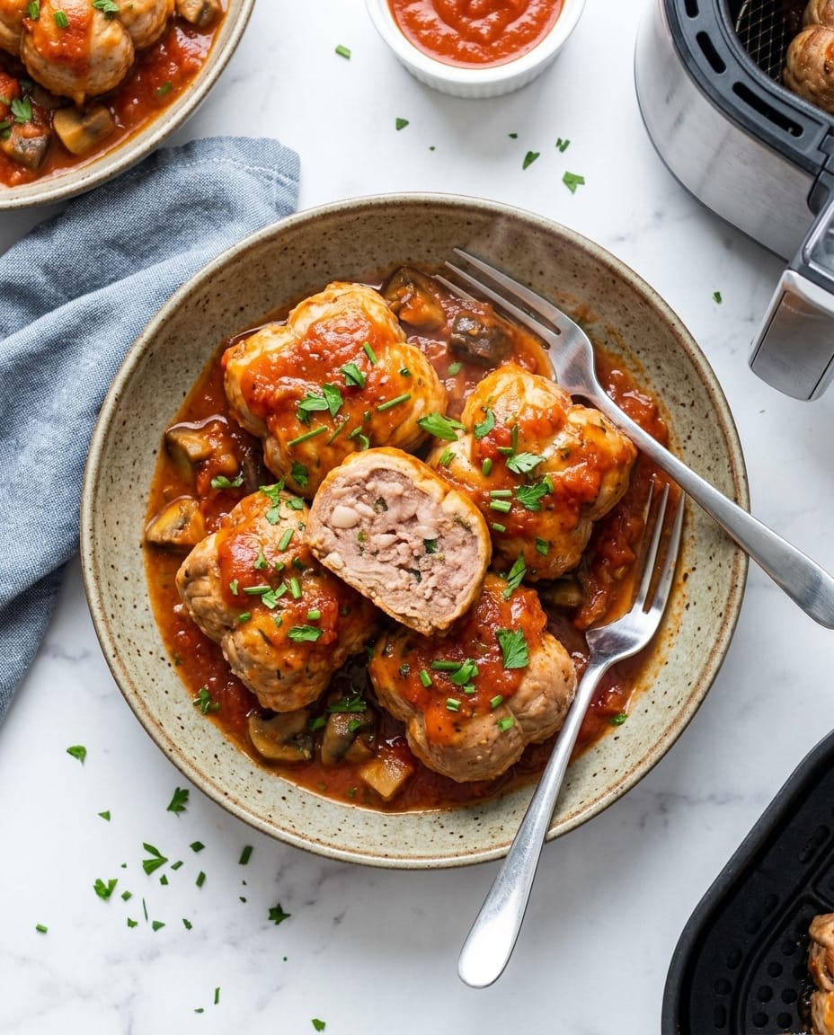Paupiettes de veau air fryer dorées et moelleuses, nappées de sauce crémeuse, prêtes en 20 minutes