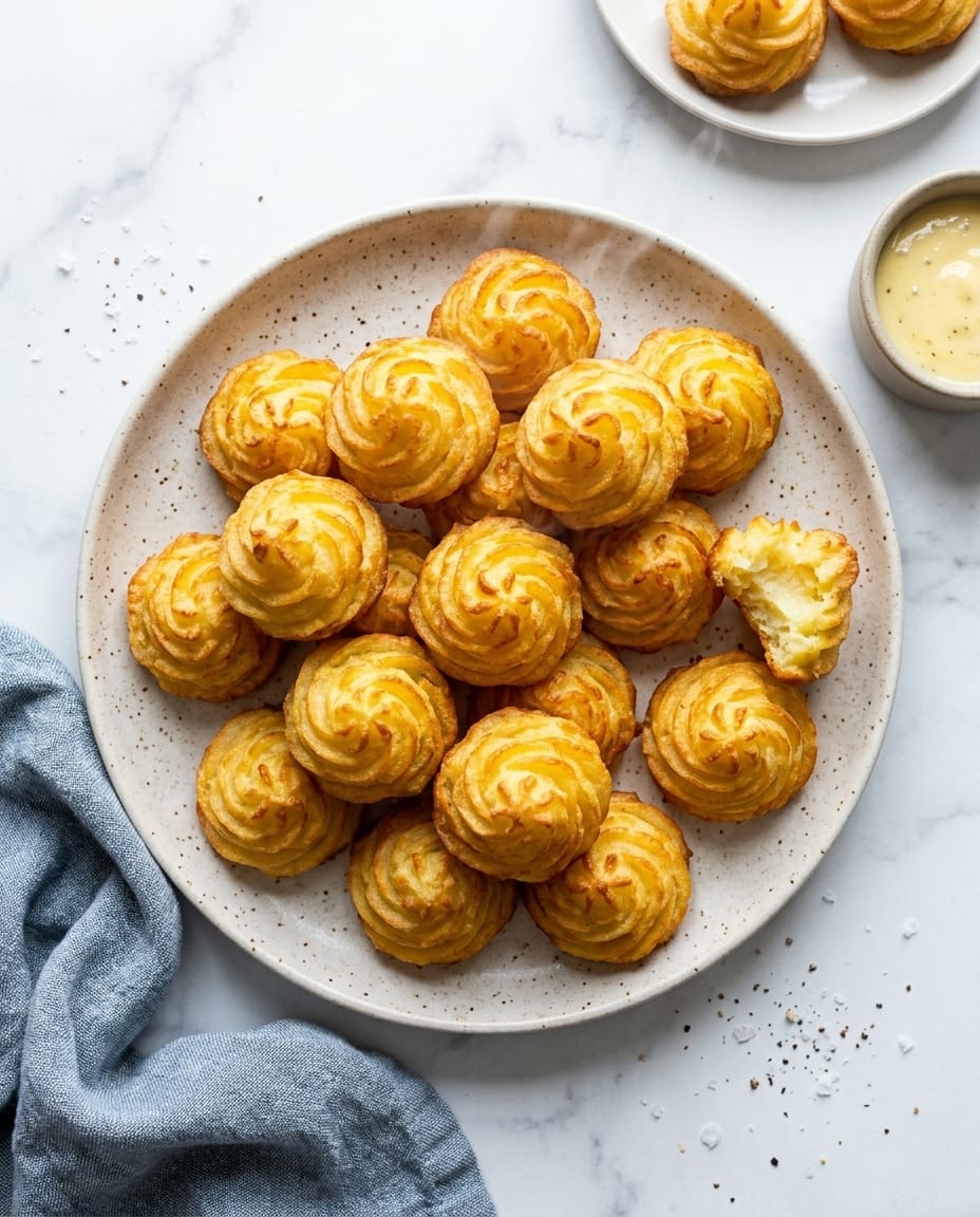 Pommes duchesse surgelées au Airfryer bien dorées et croustillantes, servies en accompagnement sur une assiette
