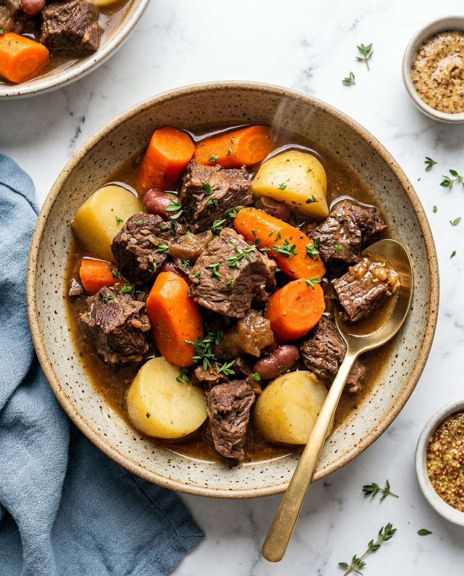 Pot-au-feu au airfryer avec boeuf tendre, carottes brillantes et pommes de terre fondantes, servi avec bouillon