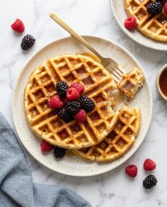 Recette gaufres croustillantes au Airfryer dorées, servies avec fruits et sirop d’érable, croûte bien craquante
