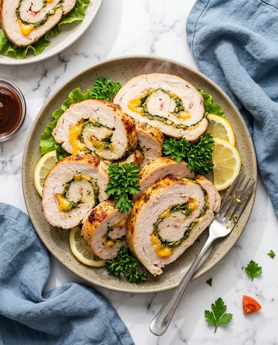 Roulé de dinde au air fryer tranché, cœur de mozzarella fondante et pesto, servi sur assiette