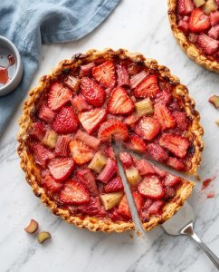 Part de tarte fraises rhubarbe au Airfryer, bords dorés caramélisés et cœur juteux, servie tiède