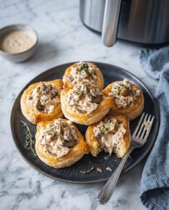 Bouchées à la reine au Airfryer dorées, feuilleté croustillant et garniture crémeuse au poulet et champignons