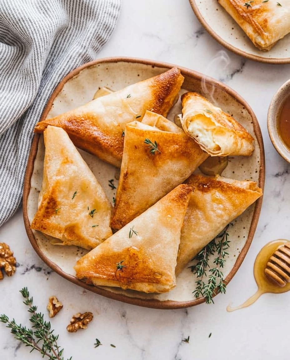 Bricks chèvre-miel Air Fryer croustillantes, dorées et fondantes, servies en bouchées apéro sur une assiette