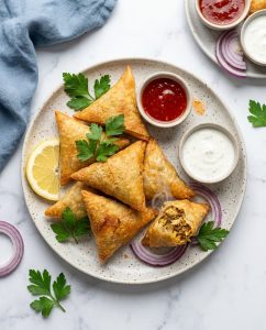 Briouates de poulet épicé au air fryer dorées et croustillantes, servies chaudes avec sauce yaourt-citron