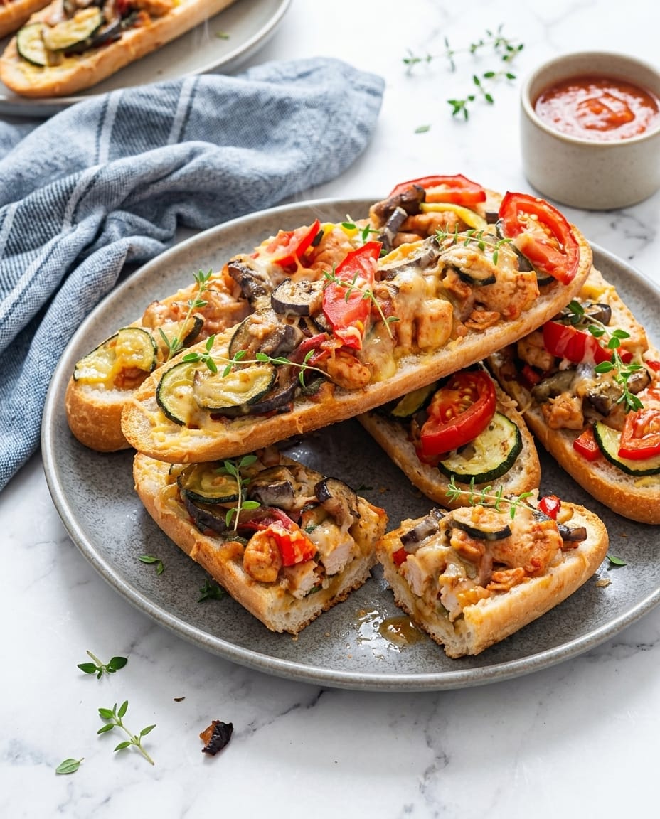 Bruschetta de poulet au air fryer dorée, pain croustillant, poulet moelleux, poivron rouge et fromage fondu
