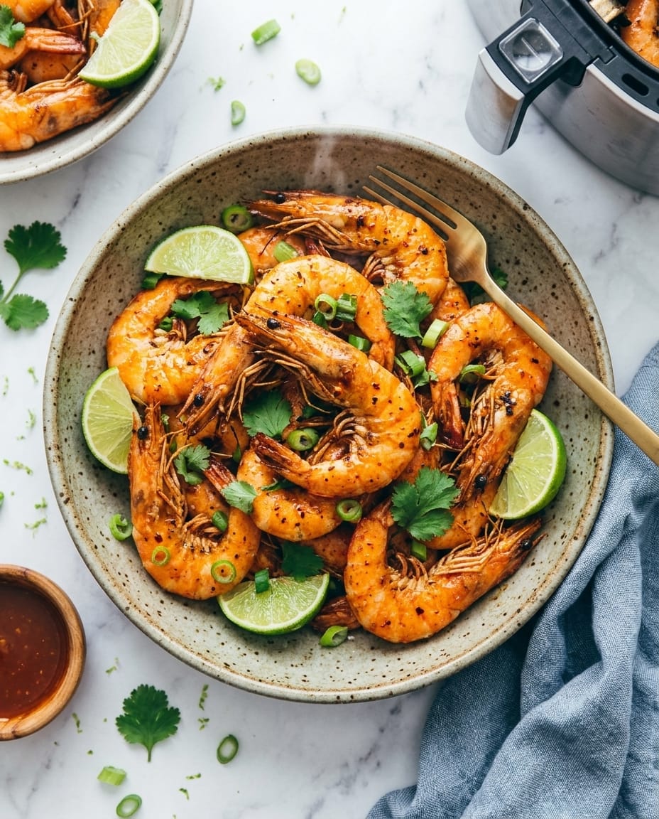 Crevettes sautées Air Fryer dorées avec sauce brillante au gingembre, citron vert, coriandre et cébette