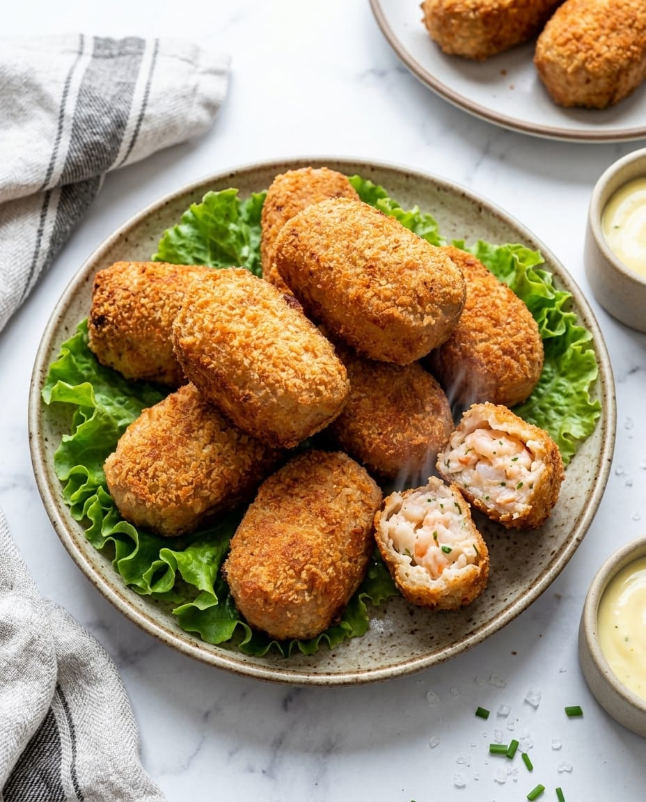 Croquettes de crevettes au air fryer dorées et croustillantes, servies avec une sauce citronnée pour l’apéritif