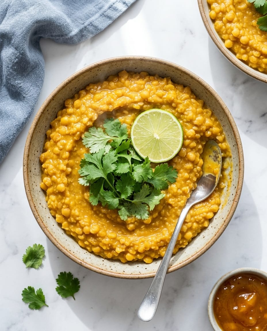 Dahl de lentilles corail au airfryer, sauce veloutée et épices, servi bien chaud dans un bol