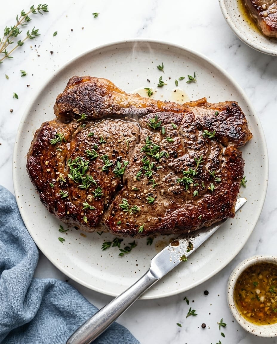 Entrecôte airfryer croustillante, dorée dehors et juteuse dedans, nappée de beurre à l’ail fondant