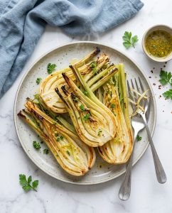 Fenouil rôti au airfryer doré et fondant, bords caramélisés, servi avec citron sur une assiette