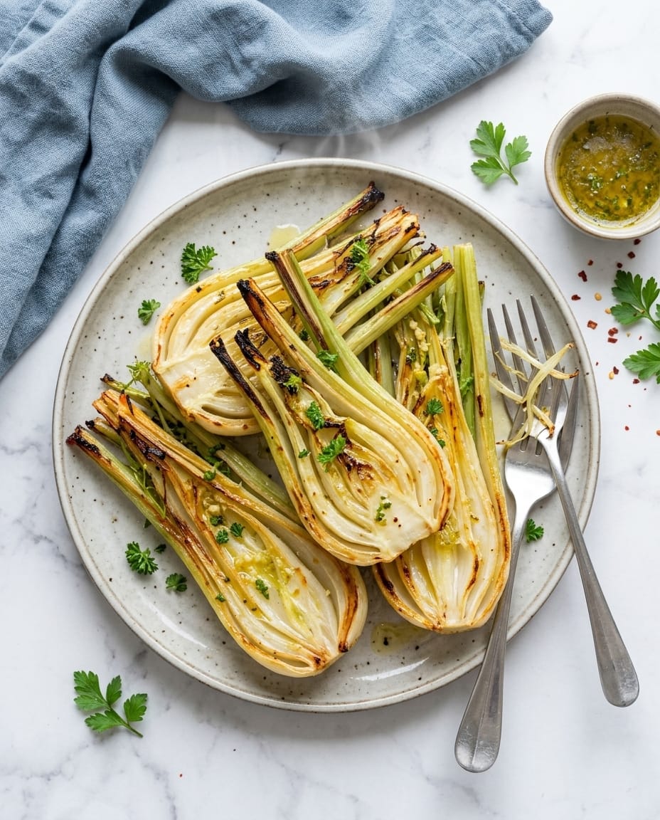 Fenouil rôti au airfryer doré et fondant, bords caramélisés, servi avec citron sur une assiette