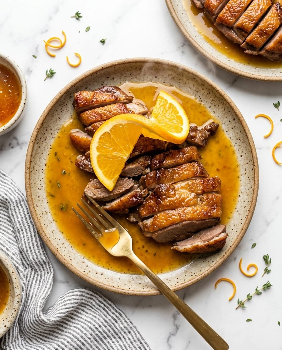 Filet de canard à l’orange au air fryer, peau croustillante et sauce brillante, servi tranché sur assiette