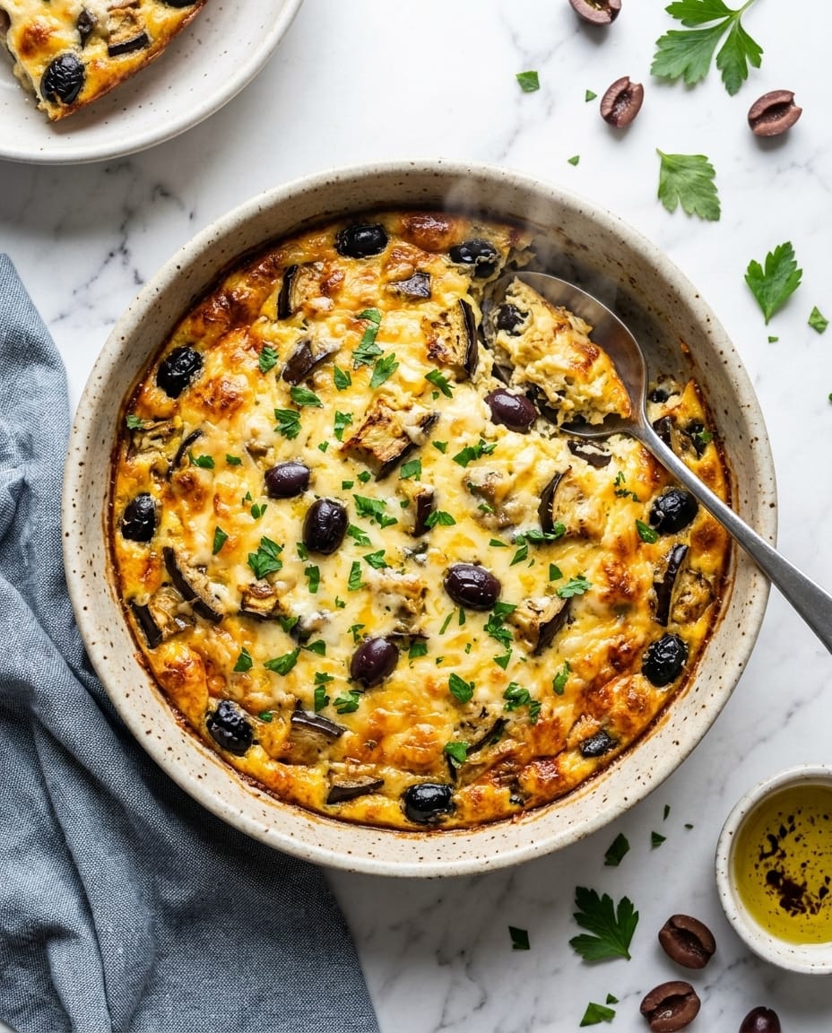Flan aubergines olives au air fryer, part découpée, croûte dorée et cœur fondant, servi tiède