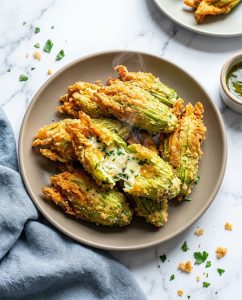 Fleurs de courgette farcies au Airfryer, panure dorée et farce fondante au fromage, servies en entrée d’été