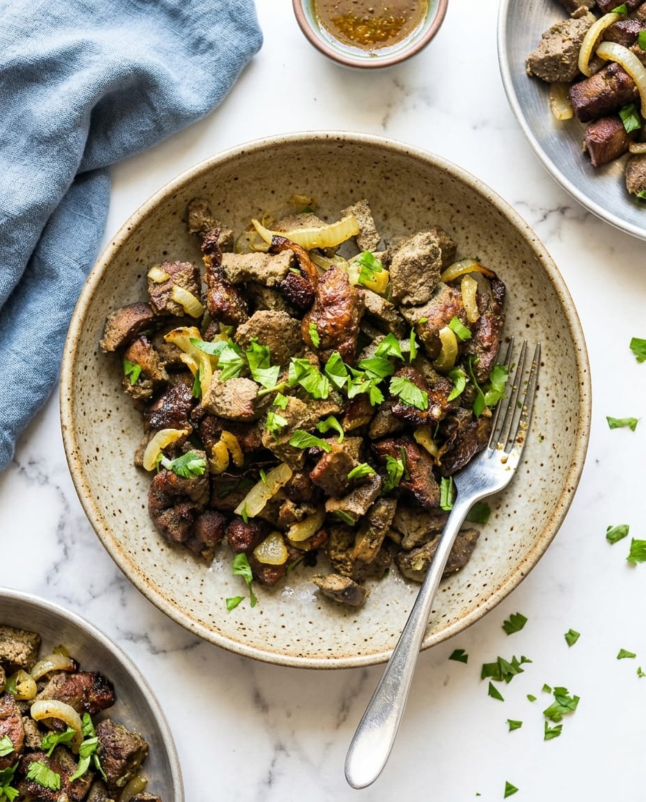 Foie de veau air fryer doré avec oignons, prêt en 12 minutes, texture moelleuse et surface caramélisée