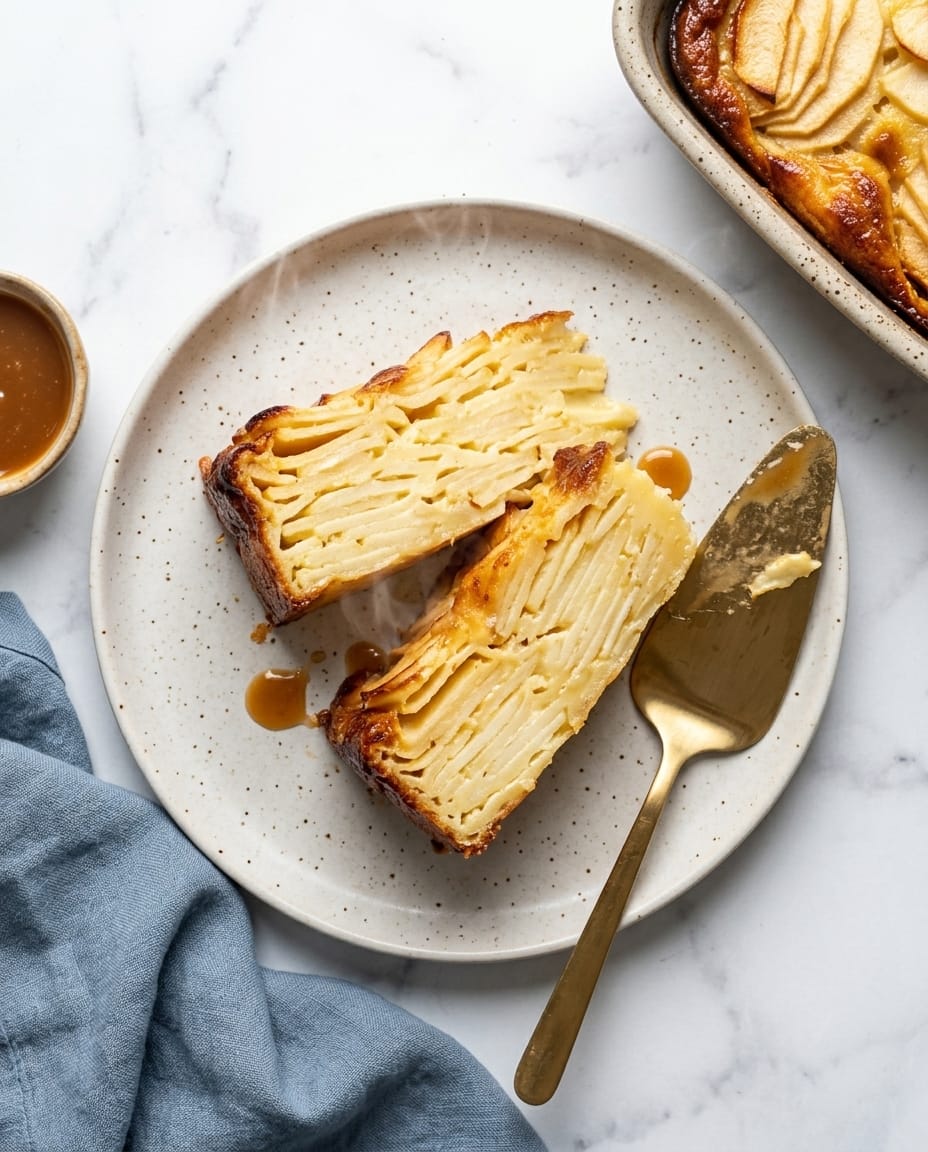 Part de gâteau invisible aux pommes au Airfryer, bords dorés et cœur ultra fondant, servie tiède