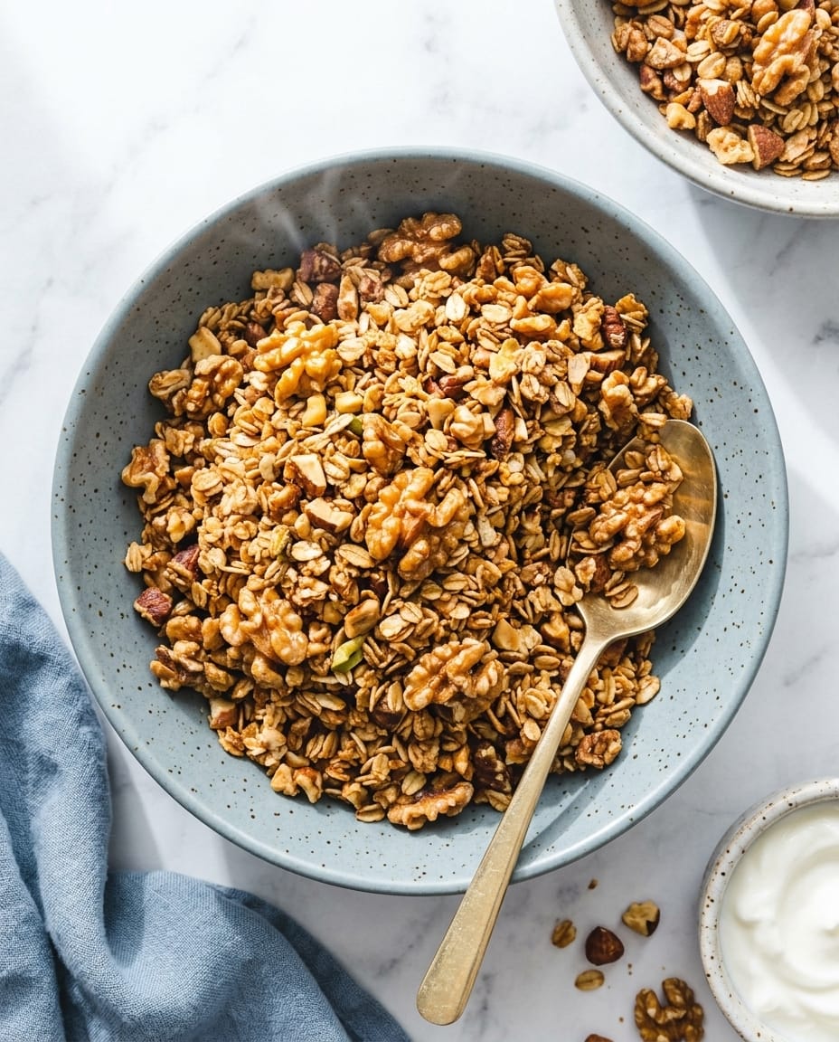 Granola sans gluten Air Fryer croustillant dans un bocal, pépites dorées prêtes pour le petit déjeuner