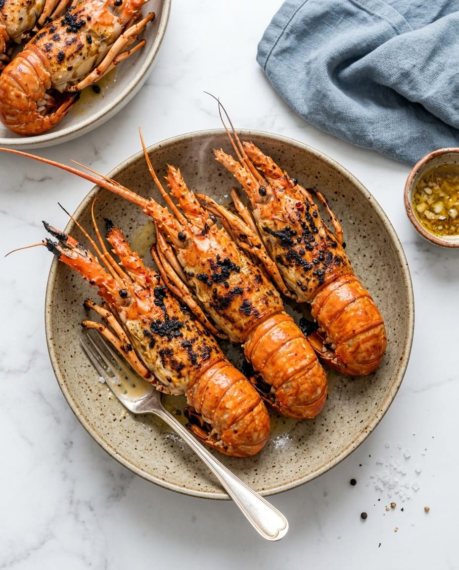 Langoustines grillées au airfryer dorées, assaisonnées au beurre à l’ail, citron et persil, prêtes à servir