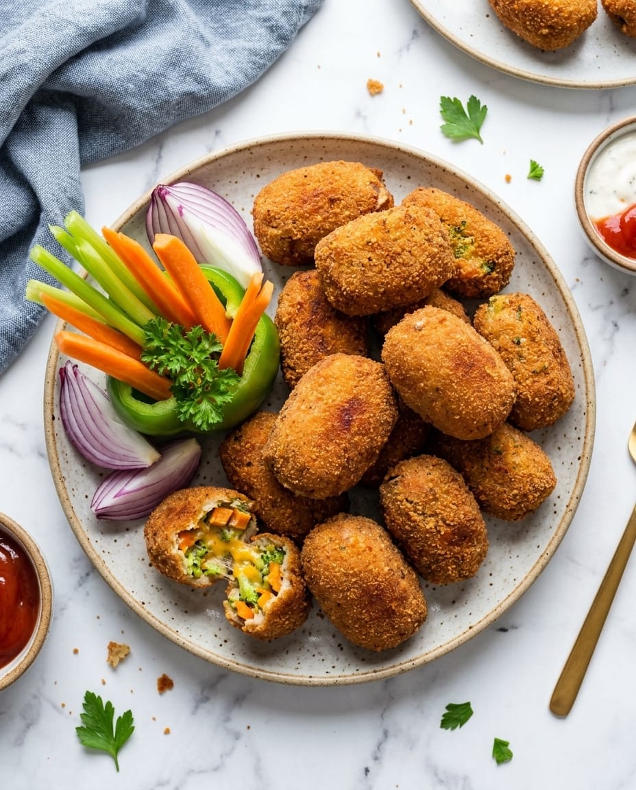Nuggets de légumes au air fryer dorés et croustillants, servis en bouchées avec une sauce à tremper