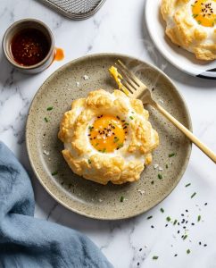 Œuf nuage au air fryer doré, bords croustillants et jaune coulant au centre, servi en bouchées apéritives