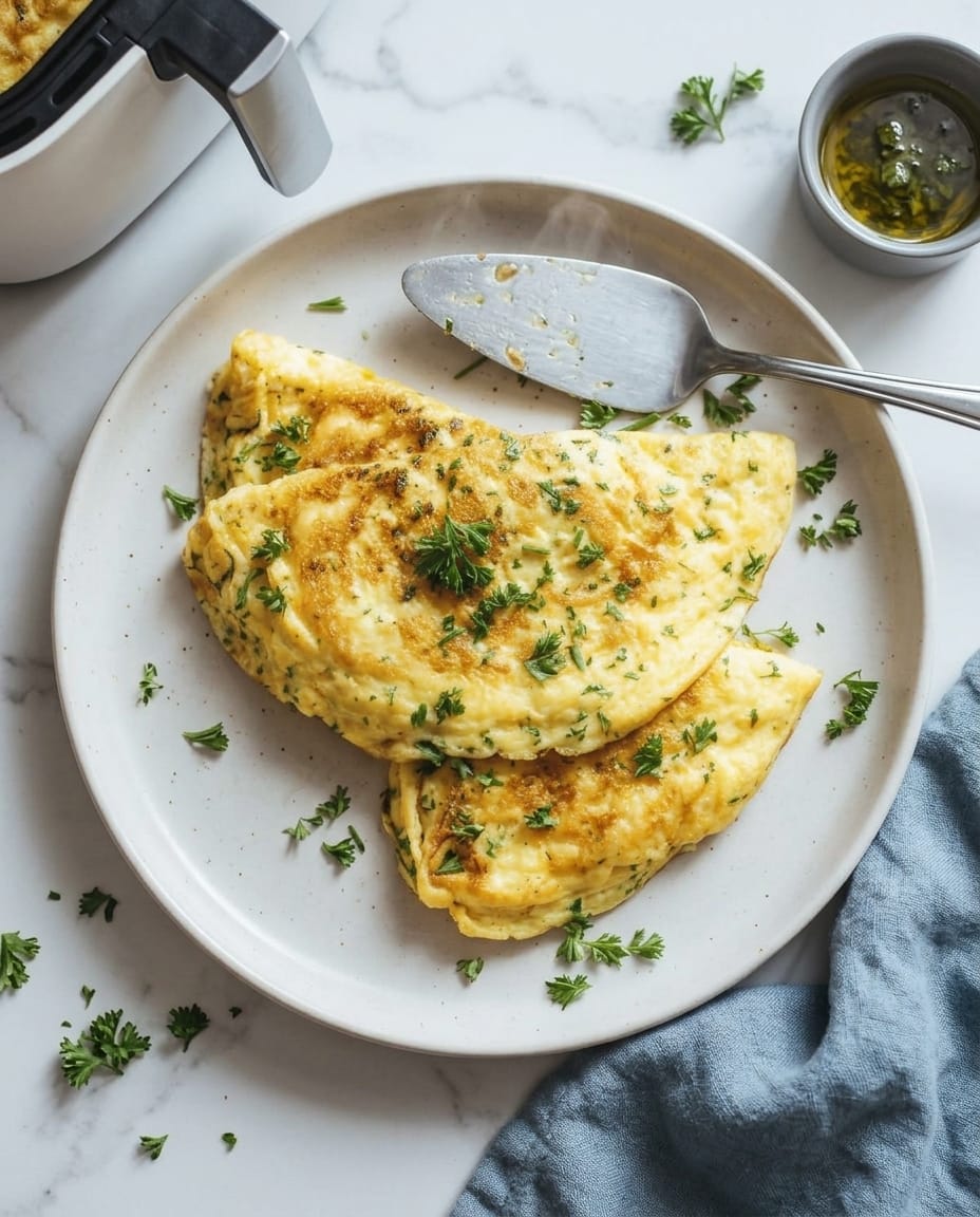Omelette aux fines herbes au Airfryer, bords dorés et cœur moelleux, servie au brunch dans une assiette