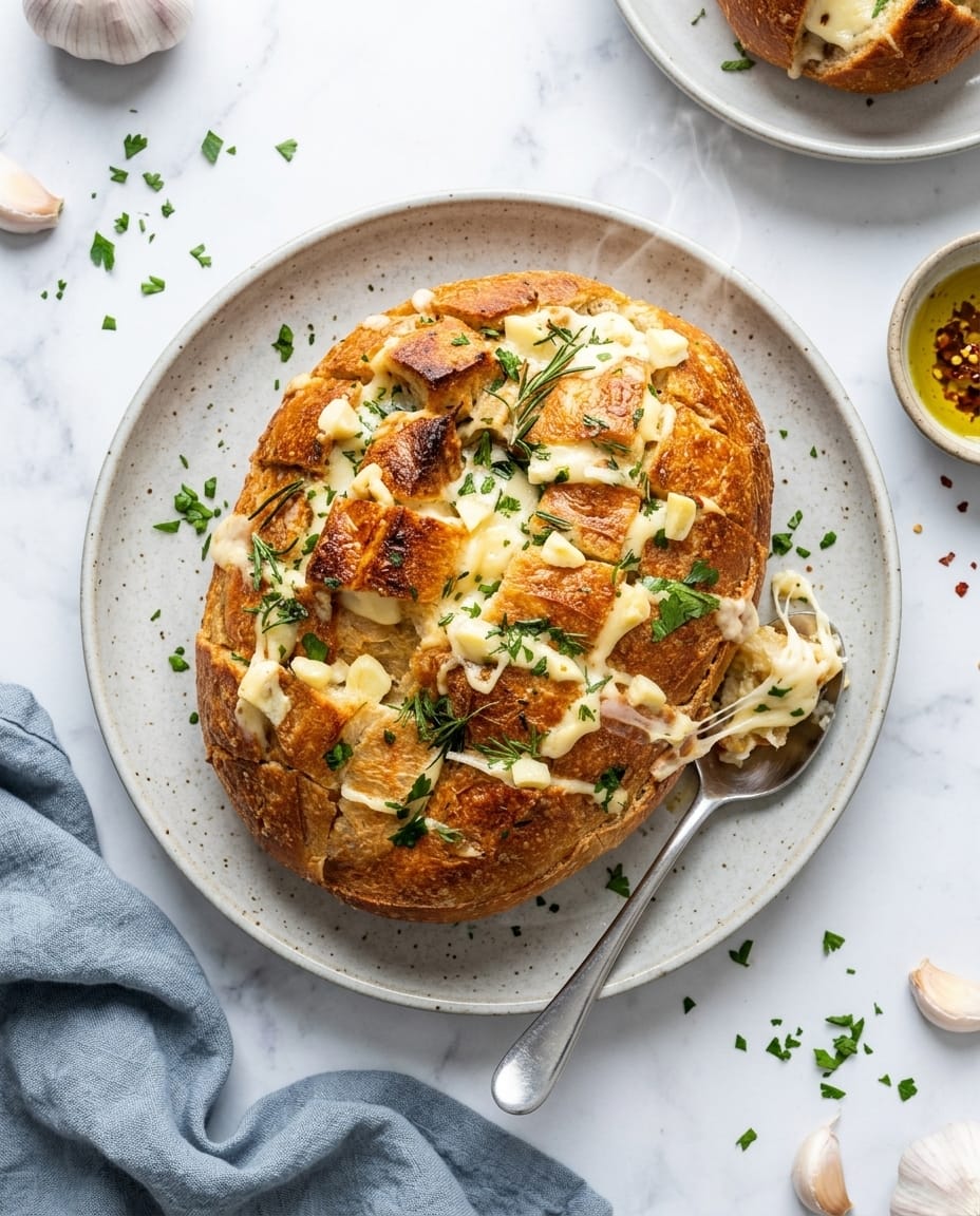 Pain à l’ail air fryer express au fromage, croûte dorée et mozzarella filante, servi en tranches sur une planche