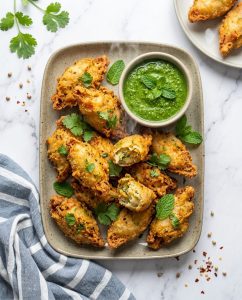 Pakoras airfryer croustillants et dorés, servis en assiette avec sauce au yaourt, parfaits pour un apéro sans friture