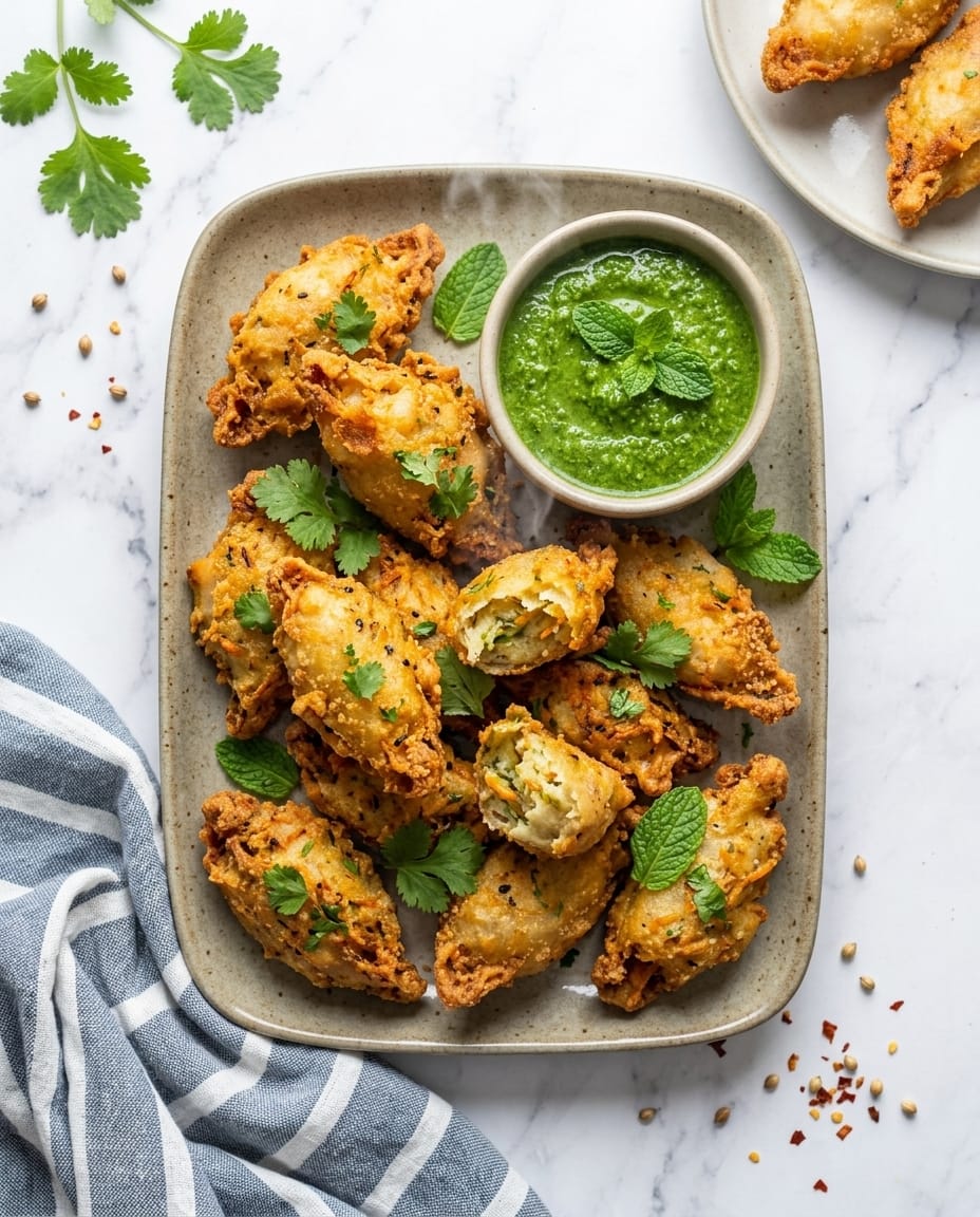Pakoras airfryer croustillants et dorés, servis en assiette avec sauce au yaourt, parfaits pour un apéro sans friture