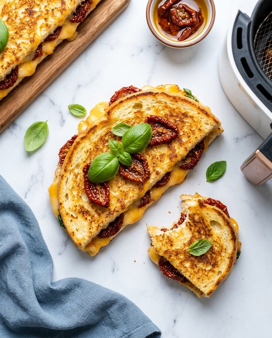 Panini au airfryer croustillant, fromage fondant et tomate, servi chaud avec une salade, sur table de cuisine