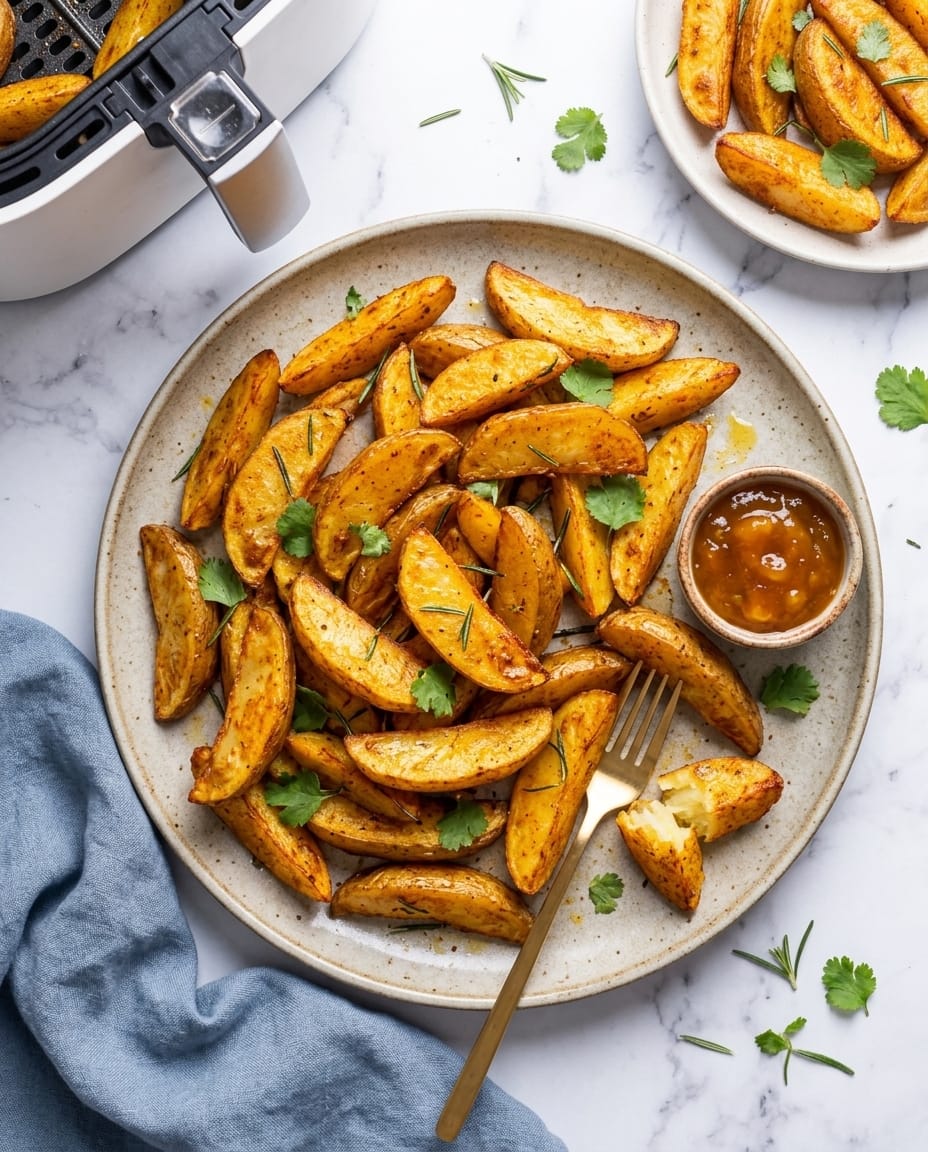 Pommes de terre à l’indienne au air fryer dorées et croustillantes, bords caramélisés et épices visibles