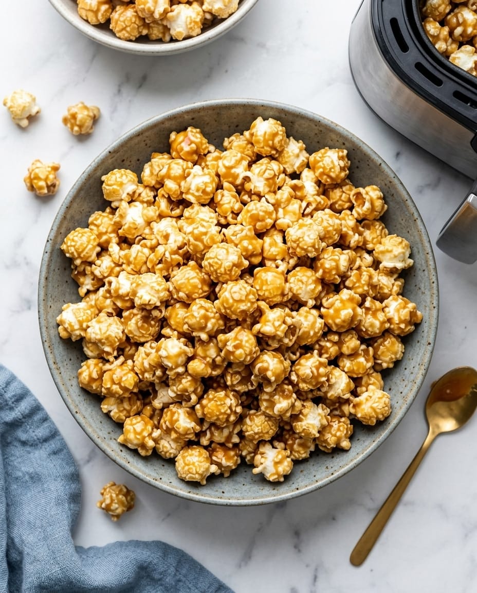 Bol de popcorn au caramel au airfryer, grains bien enrobés, caramel doré brillant et texture croustillante