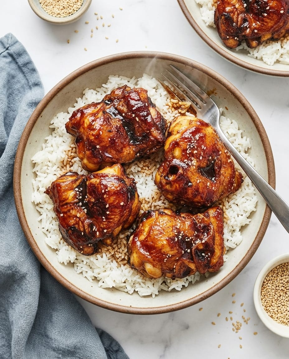 Poulet teriyaki air fryer laqué, sauce brillante et bords caramélisés, servi avec riz et légumes