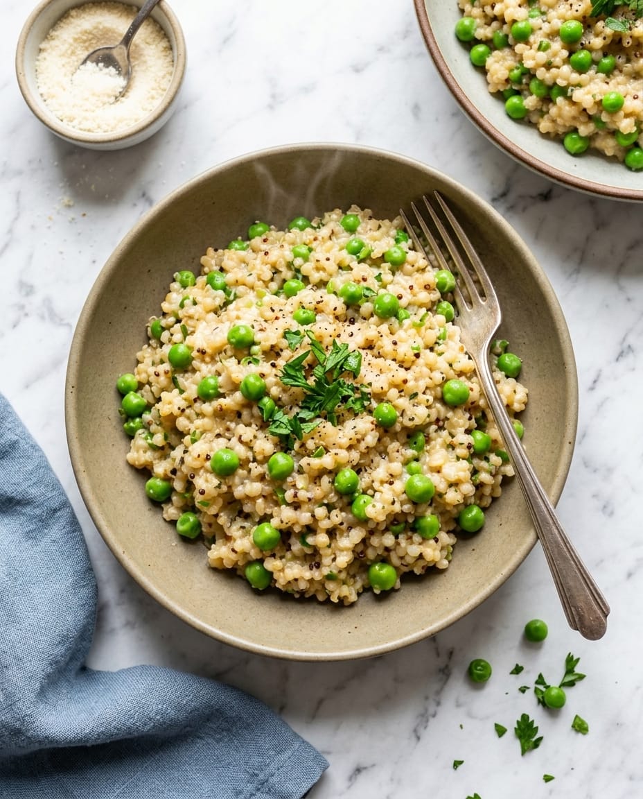 Risotto de quinoa aux petits pois au Airfryer, crémeux avec croûte dorée et petits pois bien verts