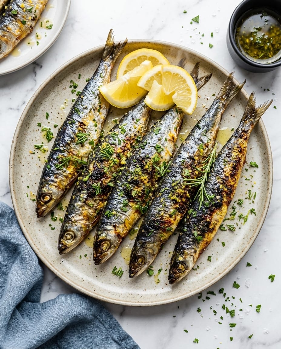 Sardines grillées au Airfryer bien dorées, peau croustillante, servies avec quartiers de citron et herbes fraîches