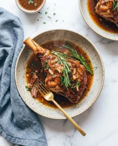 Souris d’agneau confite au Airfryer bien caramélisée, viande fondante qui se détache à la cuillère, servie dans un plat