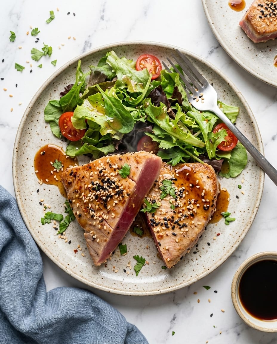 Steak de thon au air fryer doré, laqué à la sauce soja, avec cœur moelleux et quartiers de citron