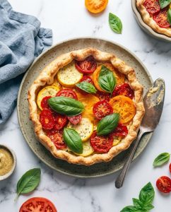 Tarte à la tomate au air fryer dorée, bords croustillants et ricotta fondante, servie tiède avec salade verte