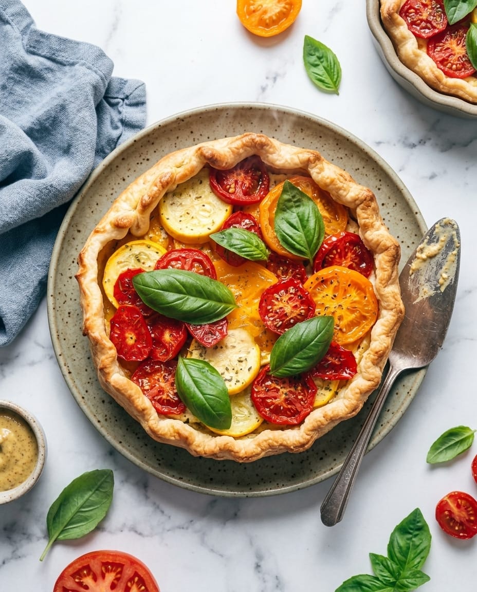 Tarte à la tomate au air fryer dorée, bords croustillants et ricotta fondante, servie tiède avec salade verte
