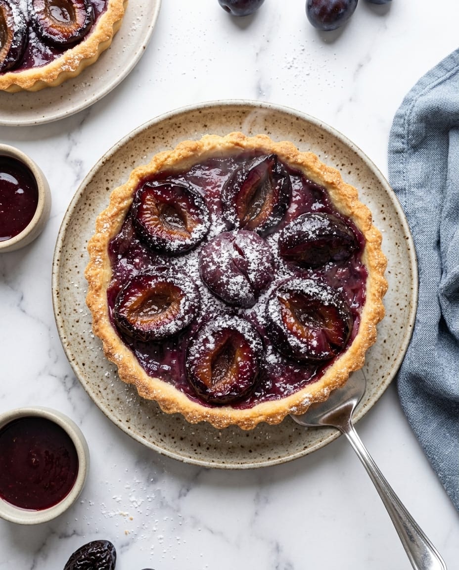 Part de tarte aux pruneaux au airfryer, pâte croustillante et bords caramélisés, pruneaux fondants au centre