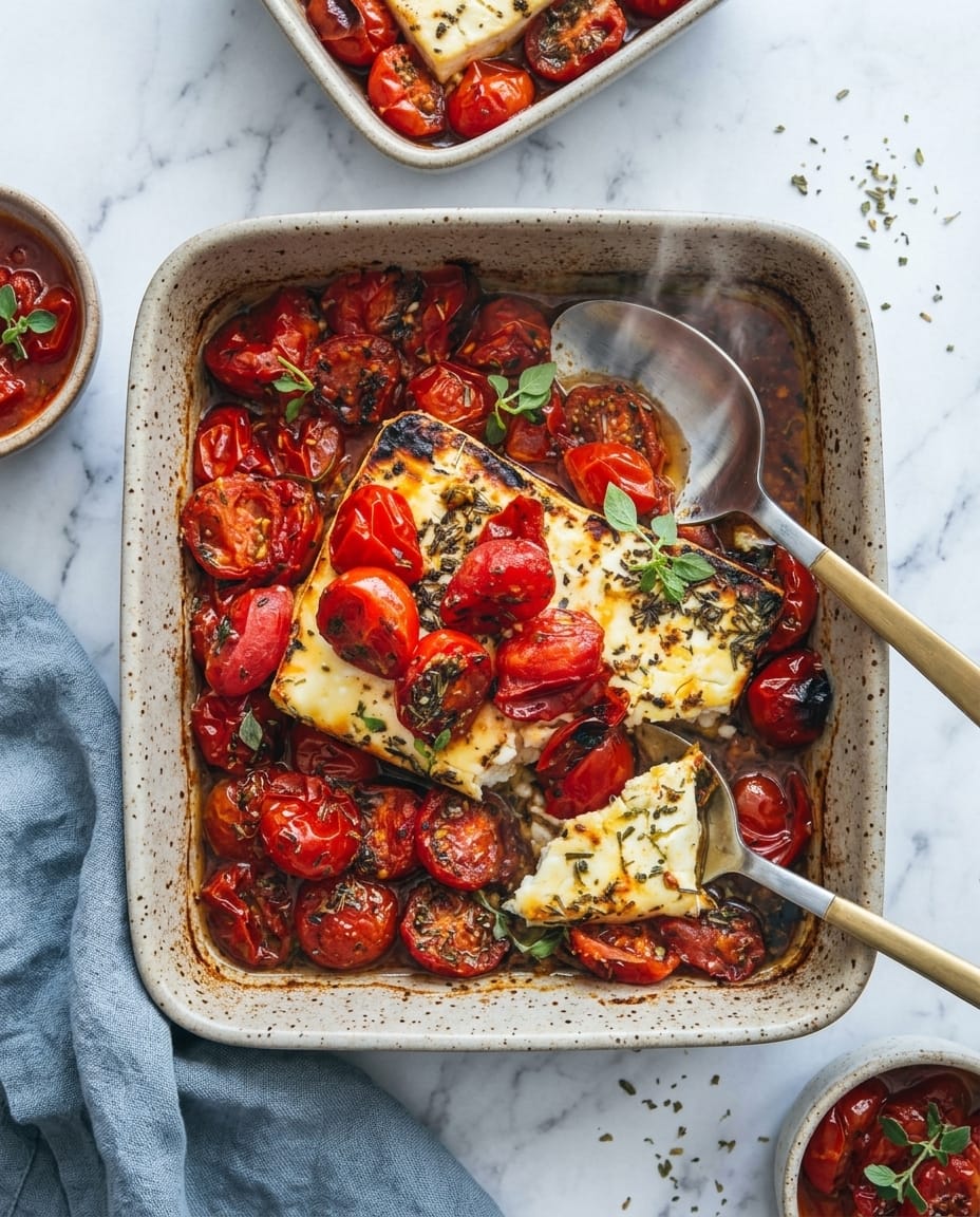 Tomates rôties et féta à l’Air Fryer, féta fondante et tomates caramélisées servies avec basilic