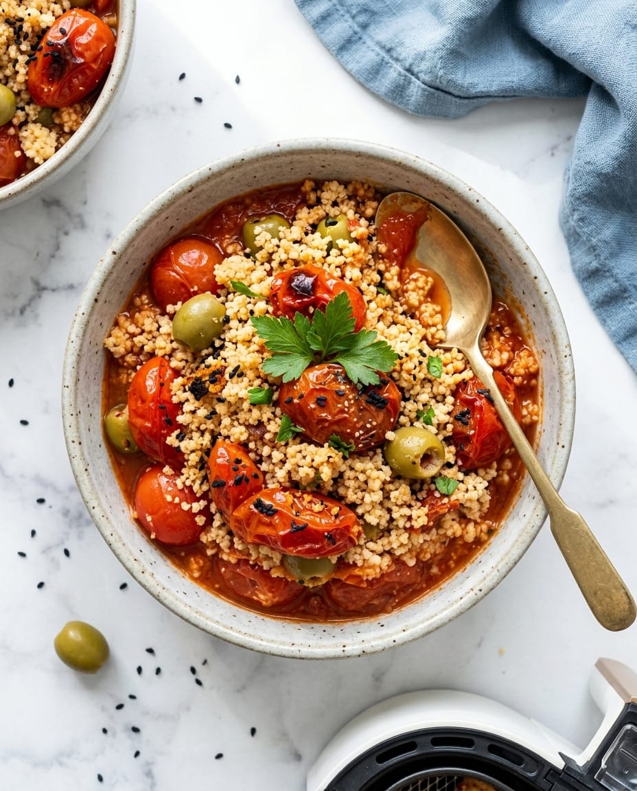 Verrines de crumble tomates-olives au Airfryer, crumble doré et croquant sur tomates confites et olives noires