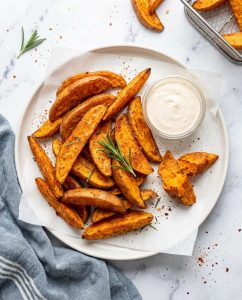 Wedges de patate douce au air fryer dorés et croustillants, servis avec une sauce yaourt citronnée, vue rapprochée