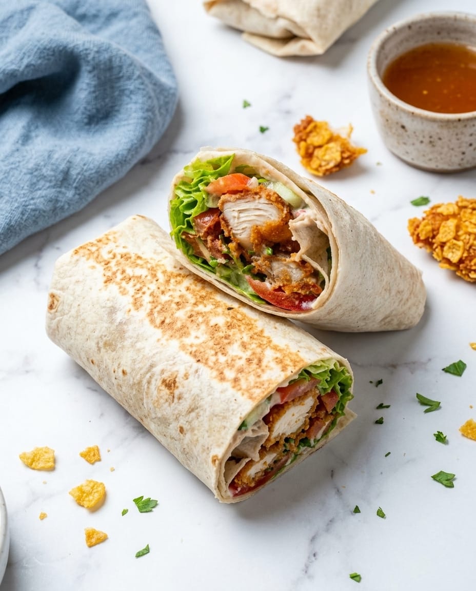 Wraps de poulet au air fryer ultra croustillants, poulet pané aux corn flakes, laitue et sauce au yaourt