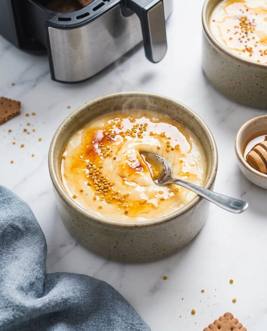 Pots de yaourt au miel au air fryer, texture lisse et brillante, prêts pour un encas maison de la semaine