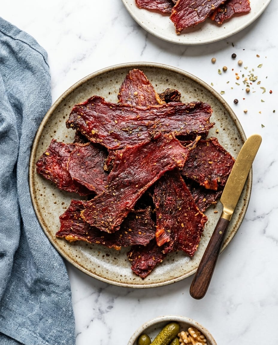 Boeuf séché aux épices au air fryer en lamelles rouges, bords caramélisés, prêt pour un apéro maison